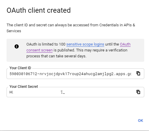 OAuth cliented created